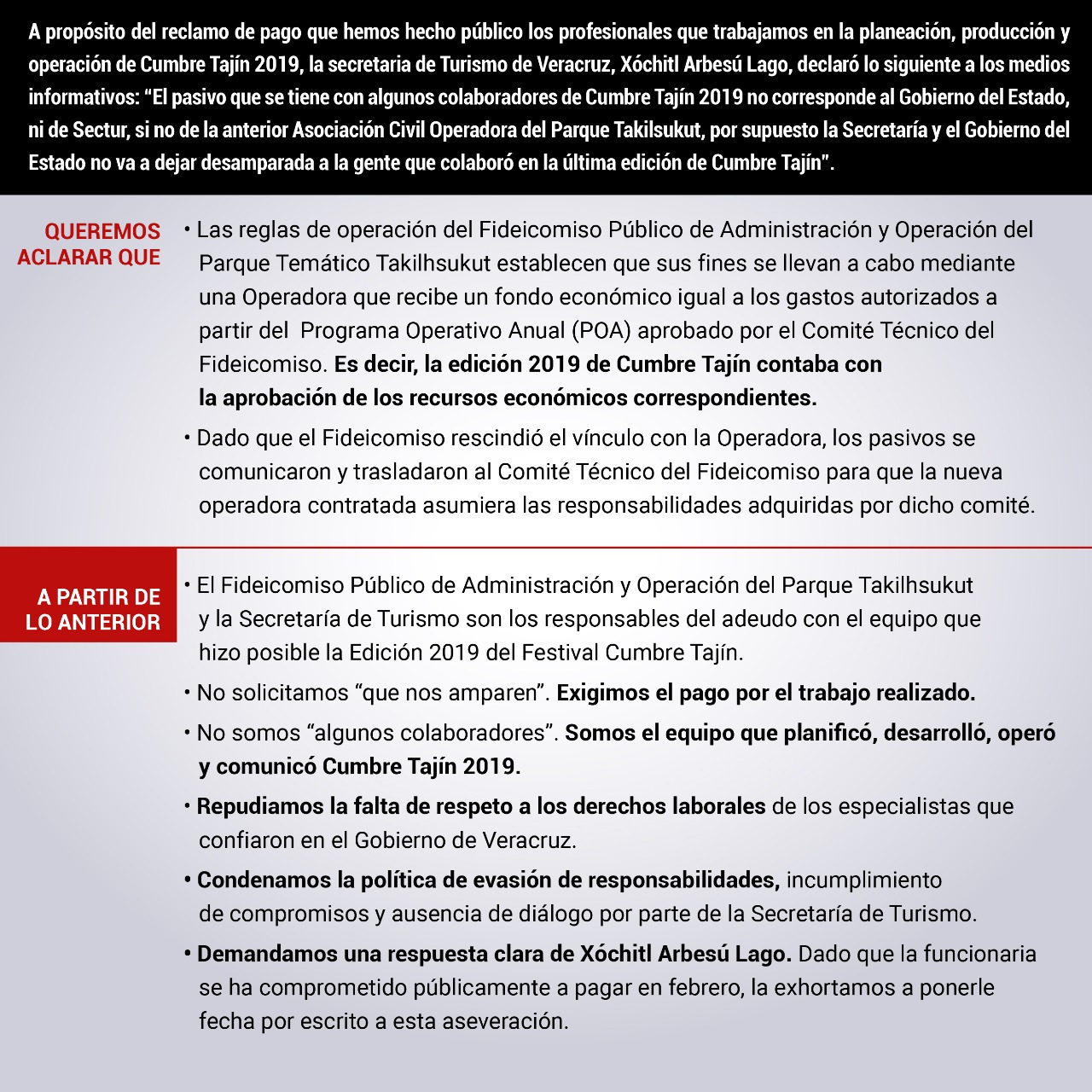 Sectur quiere evadir sus compromisos de pago: Ex trabajadores de Cumbre Tajín