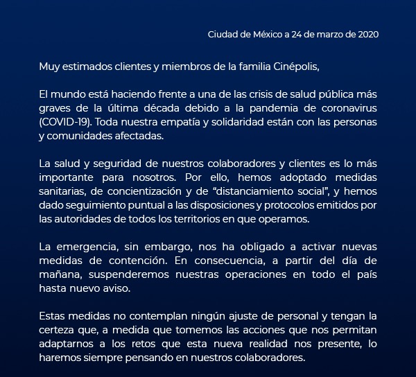 Cinepolis cierra salas ante emergencia por Covid-19