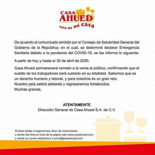 Casa Ahued cierra sus tiendas un mes por emergencia de Covid-19