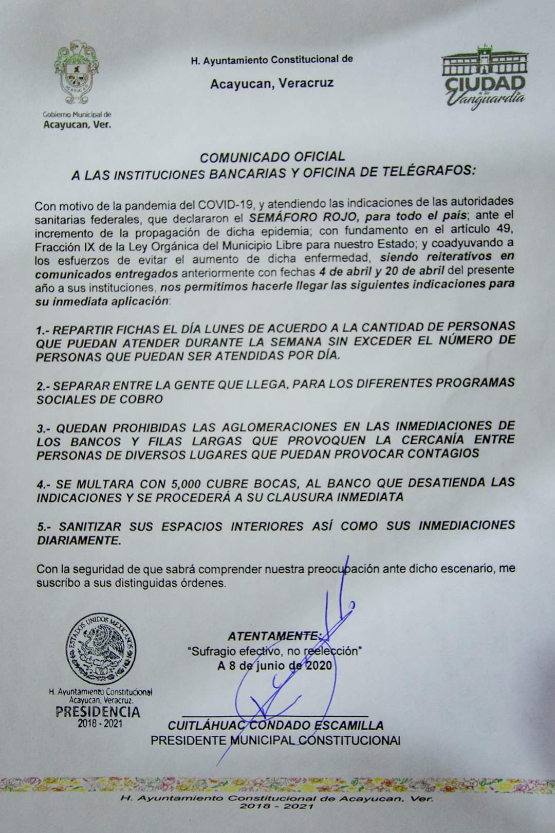 En Acayucan impondrán 5,000 cubre bocas de multa a bancos que desacaten medidas sanitarias