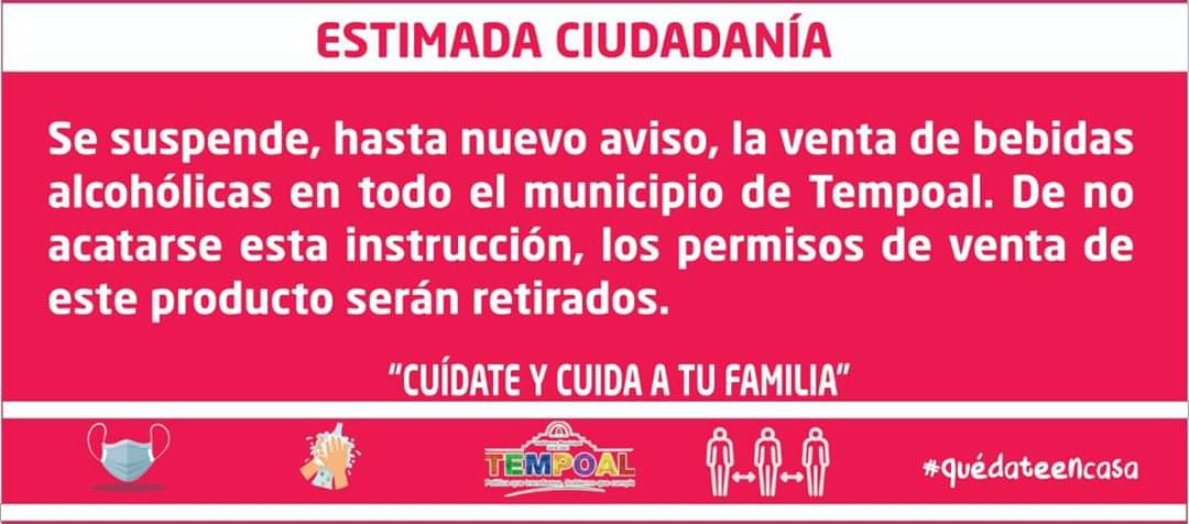 Suspenden venta de bebidas alcohólicas en Tempoal por la pandemia