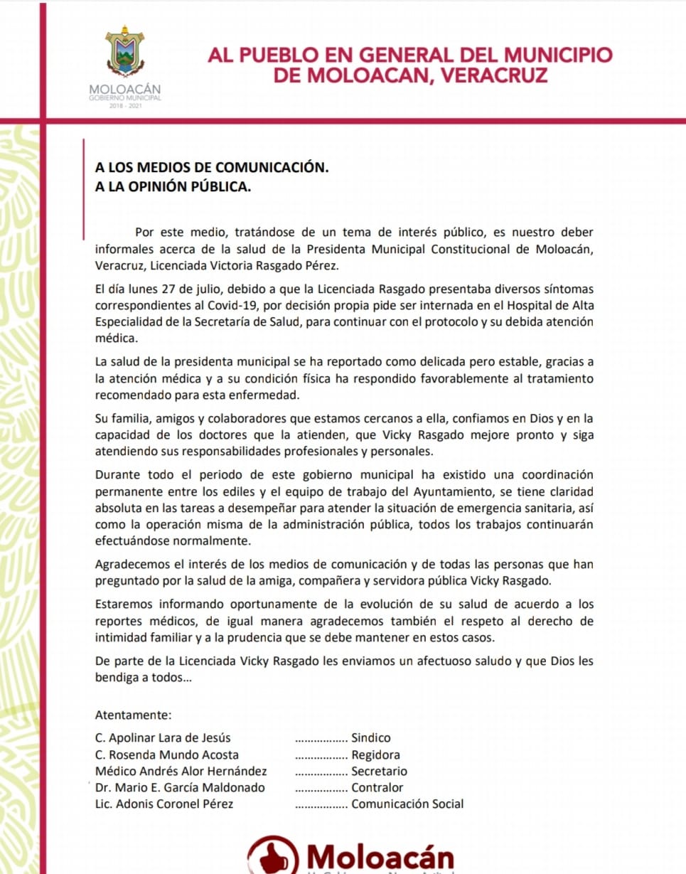 Alcaldesa de Moloacán da positivo a Covid y es hospitalizada