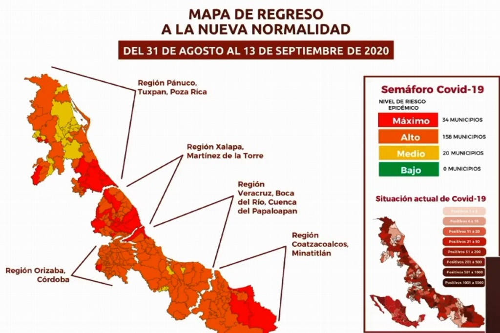 En Veracruz 158 municipios en semáforo naranja ,  34 siguen en riesgo máximo
