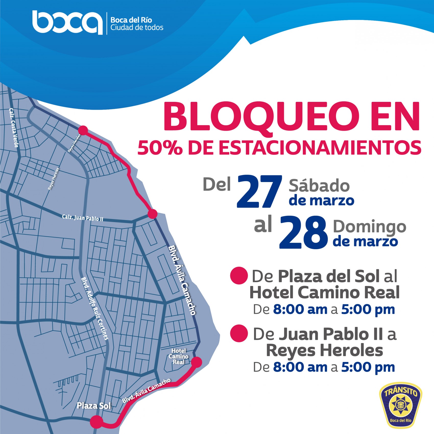 Anuncian cierres viales en Boca del Río para este fin de semana