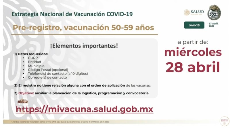 Este 28 de abril inicia registro para vacunación Covid a adultos de 50 a 59 años