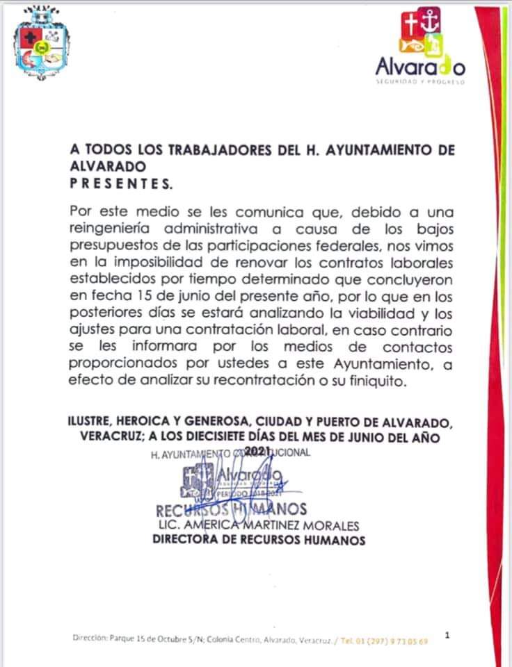 Despiden a casi 500 trabajadores del Ayuntamiento de Alvarado