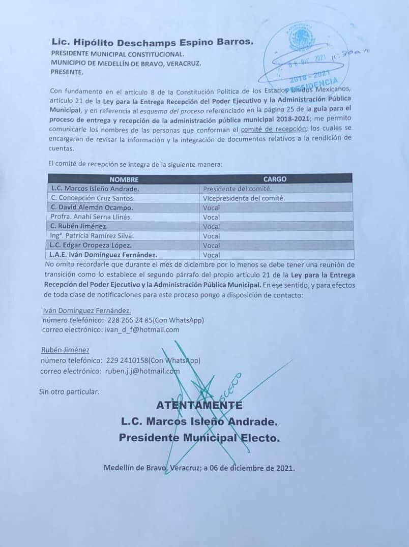 Formaliza Marcos Isleño proceso de entrega-recepción en Medellín de Bravo