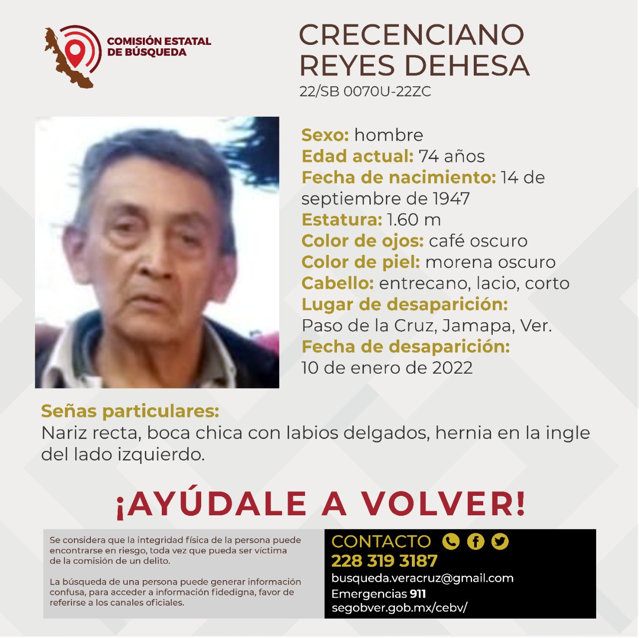 CEB reporta desapariciones de un joven en Boca del Río y de un adulto mayor en Jamapa