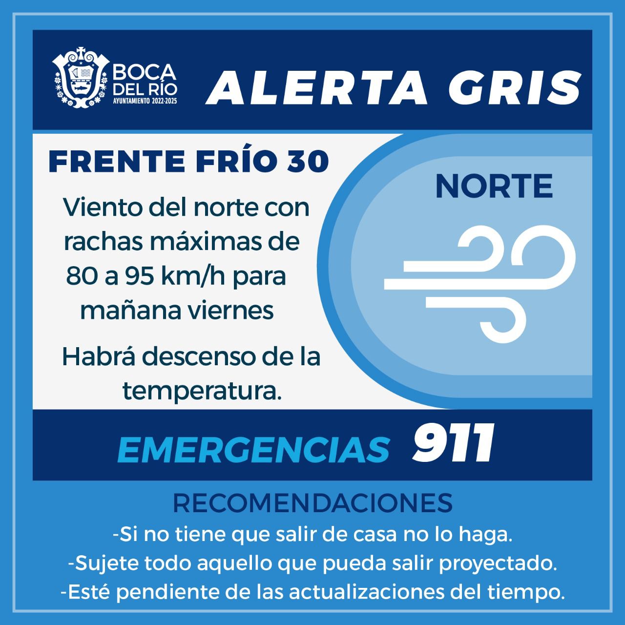 Alerta Gris en Boca del Río por viento con rachas de 80 a 95 km/h para este viernes