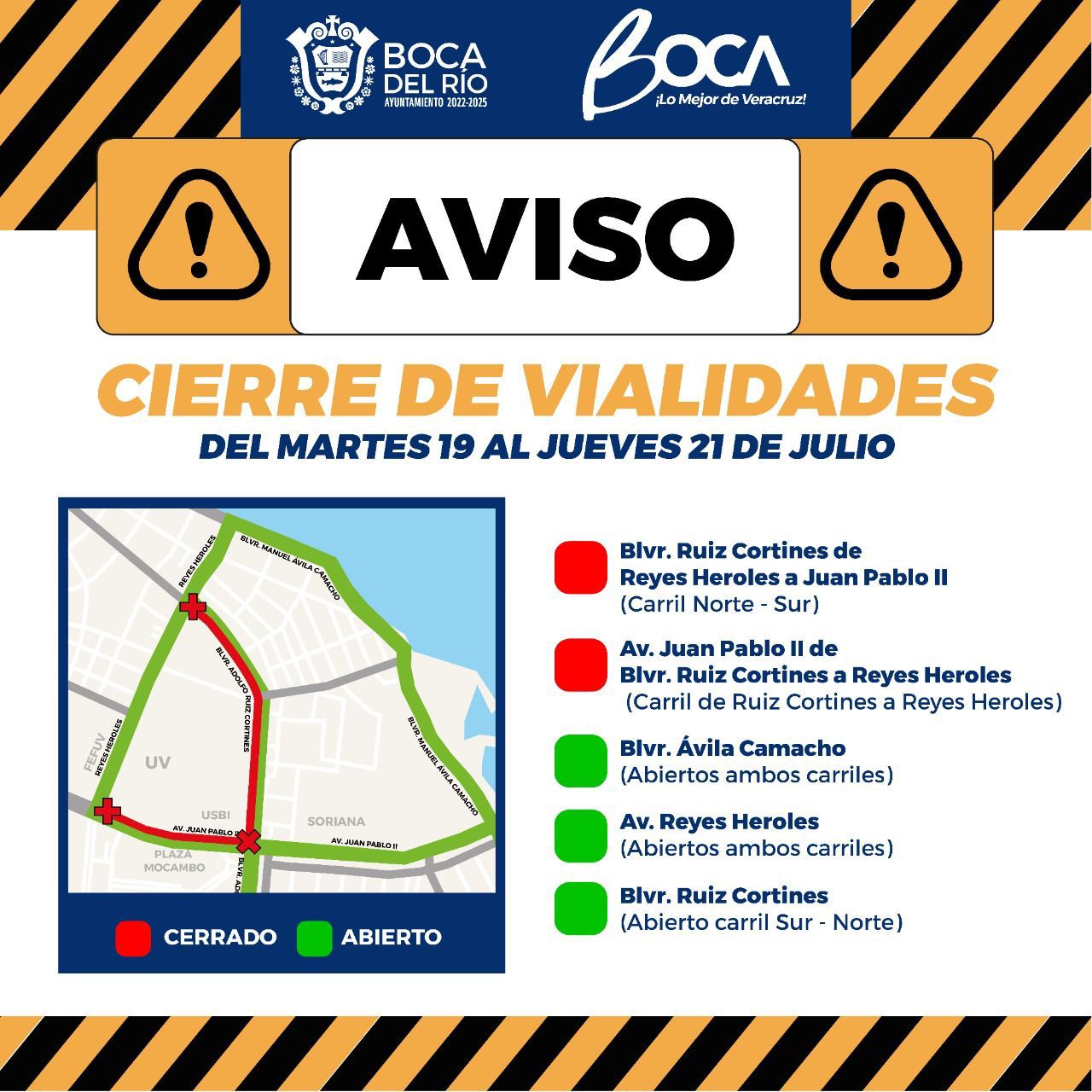 Cierre vial en el bulevar Ruiz Cortines y Juan Pablo II de Boca del Río por trabajos de la CAB