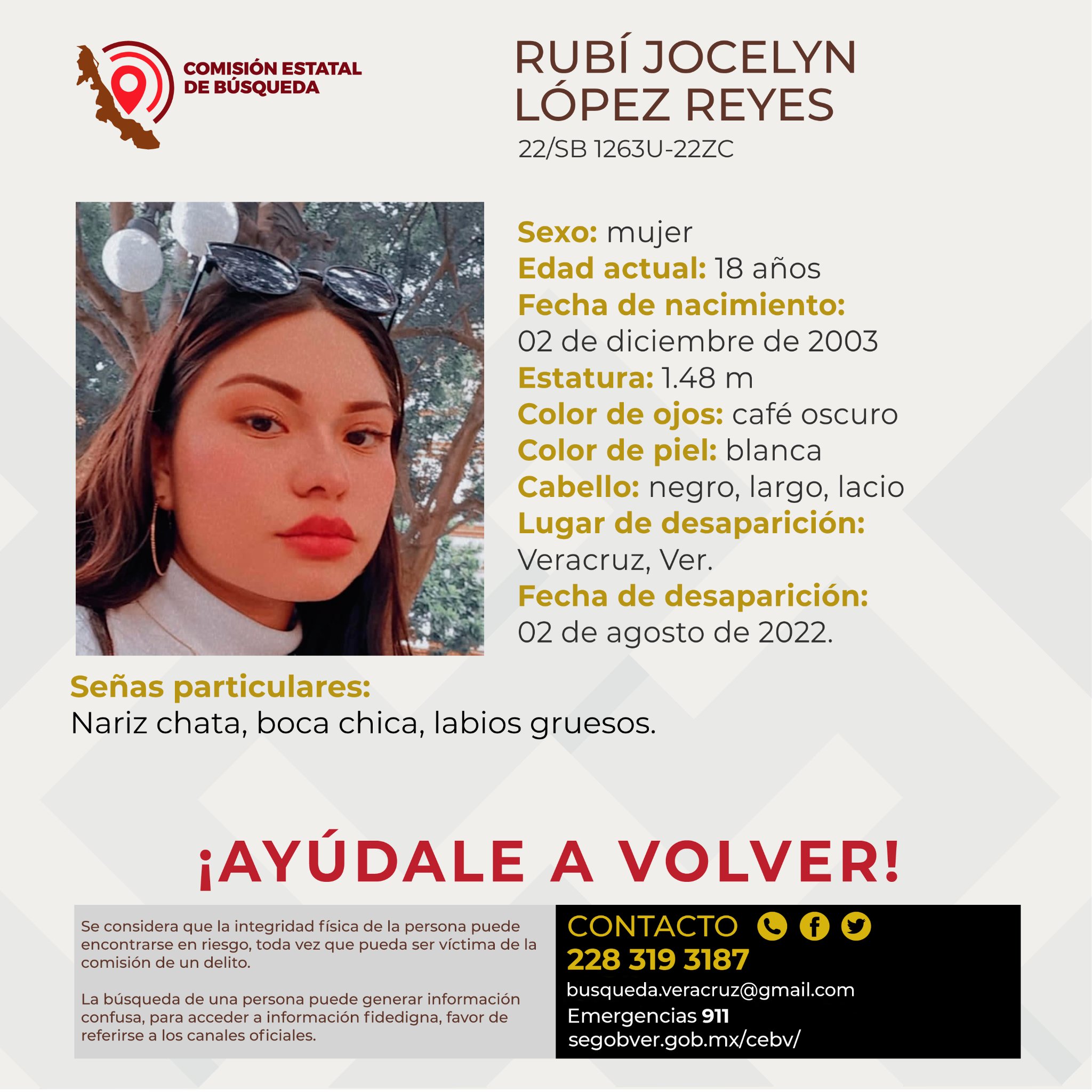 Comisión Estatal de Búsqueda reporta la desaparición de una joven en Veracruz puerto