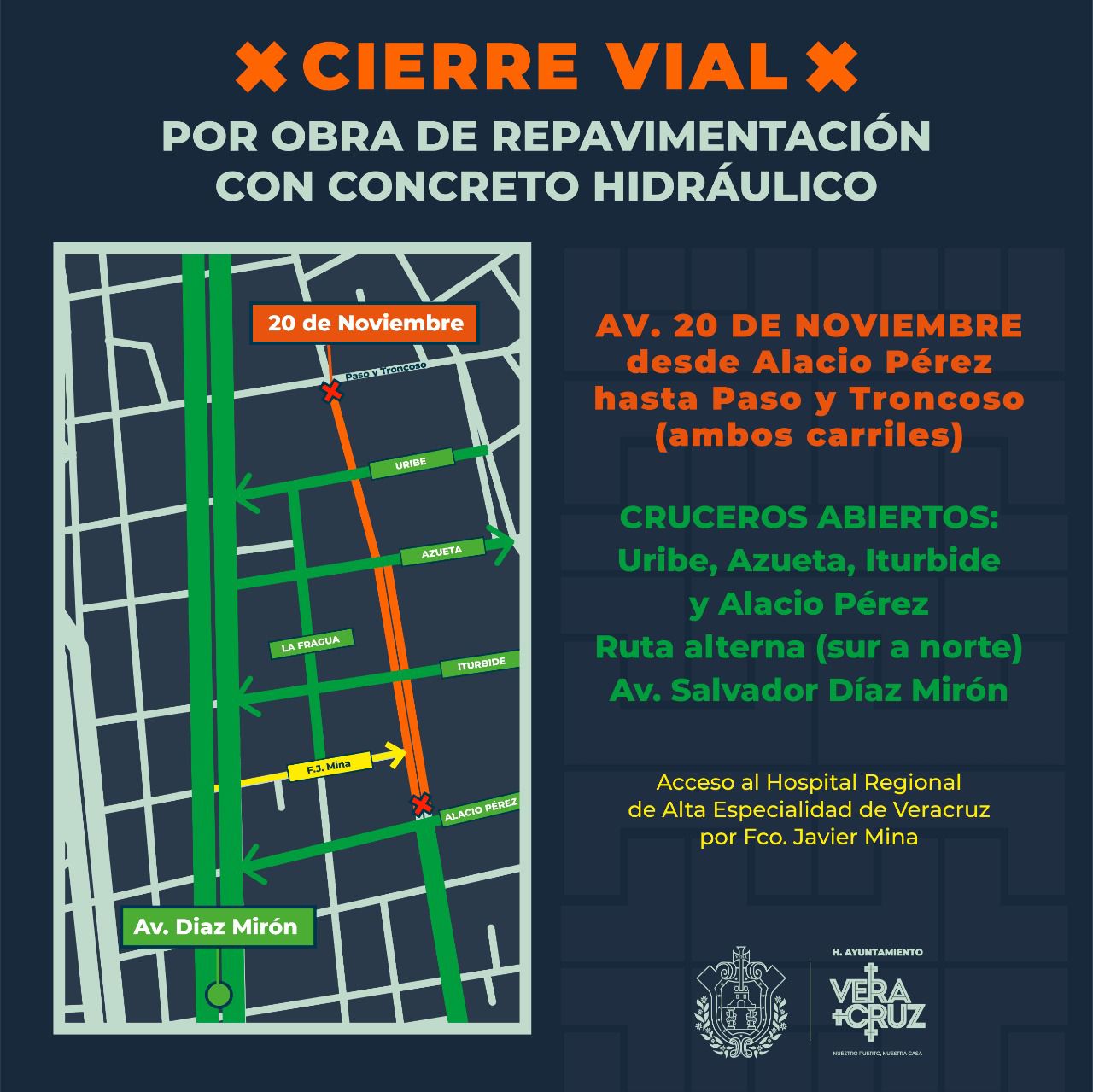 Cierre vial en avenida 20 de Noviembre de Veracruz por repavimentación con concreto hidráulico