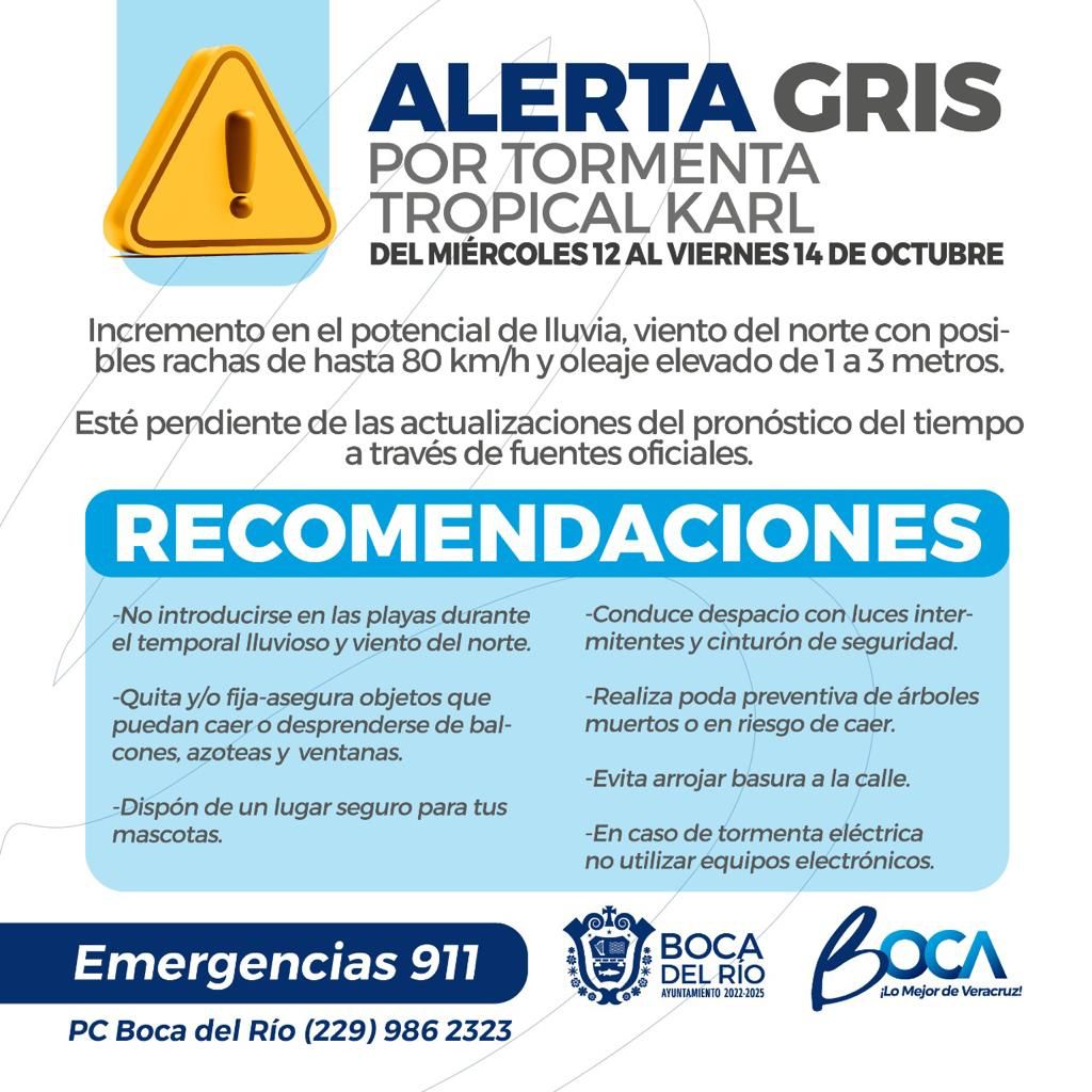 Veracruz y Boca del Río difunden alerta gris por tormenta tropical Karl