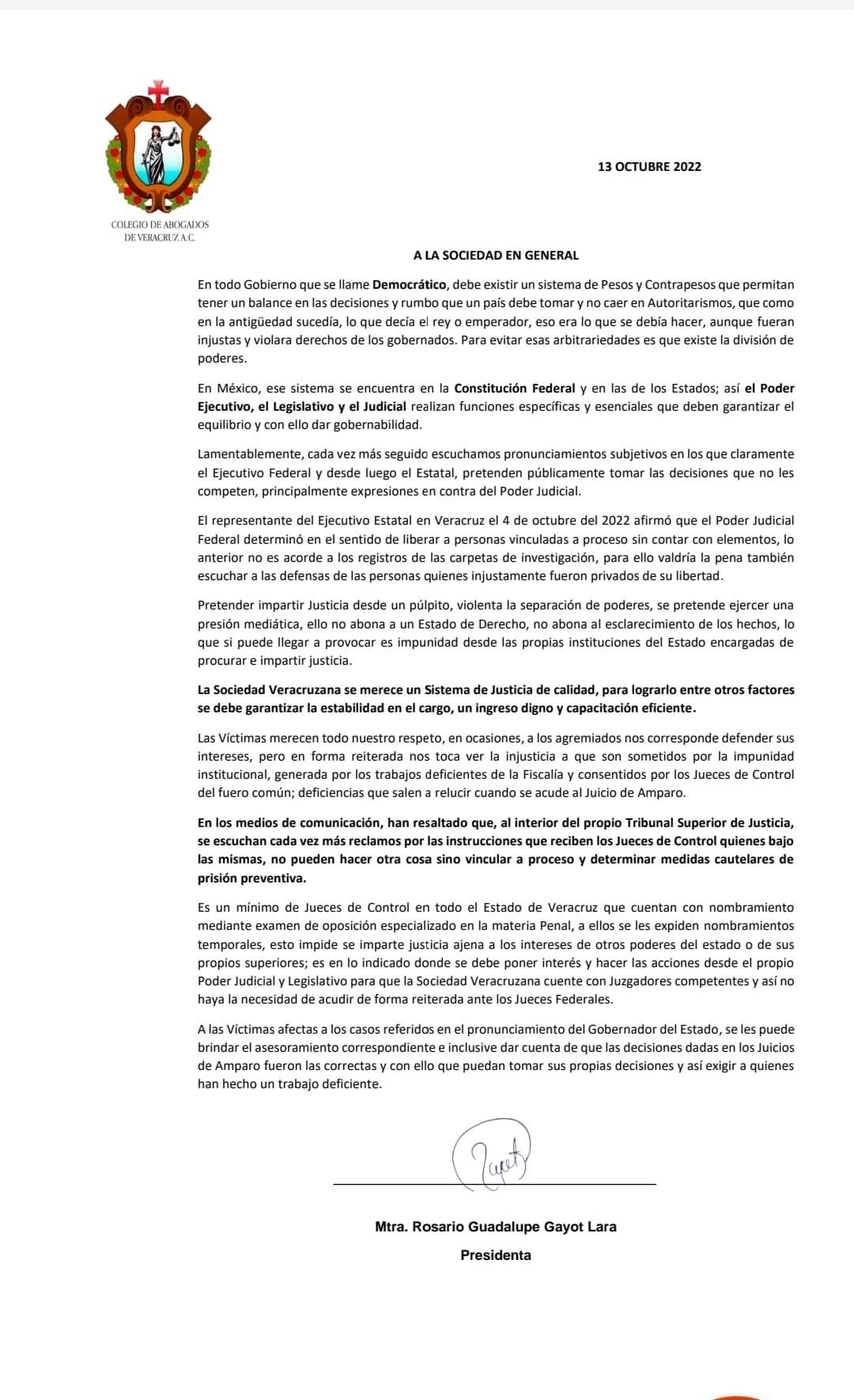Colegio de Abogados de Veracruz exige respeto a la actuación de jueces locales y federales