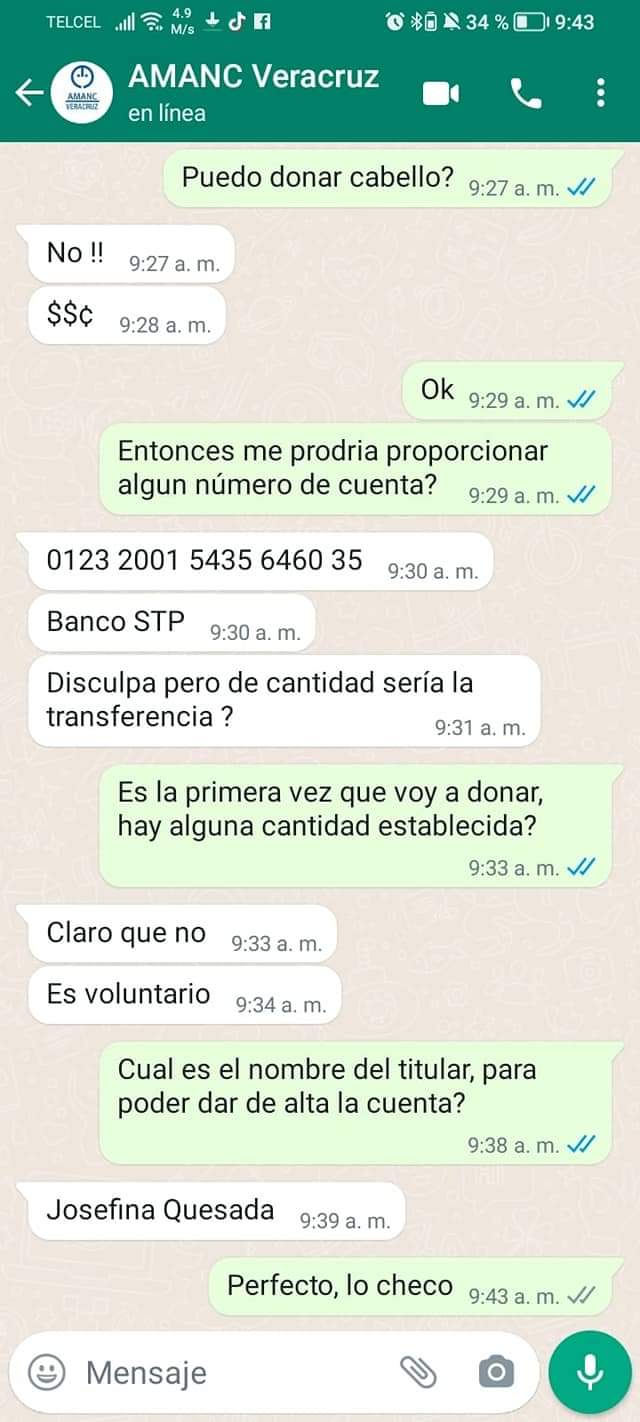 Hackean cuenta de WhatsApp de AMANC Veracruz, piden donativos de 20 mil a 45 mil pesos