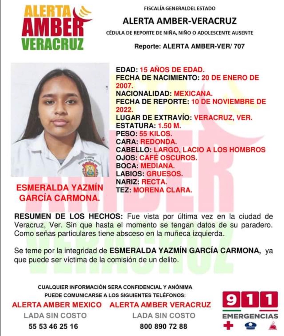 Emiten Alerta Amber por desaparición de alumna del Ilustre Instituto Veracruzano