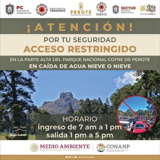 Se restringirá acceso a la parte alta del Cofre de Perote en caso de nevadas