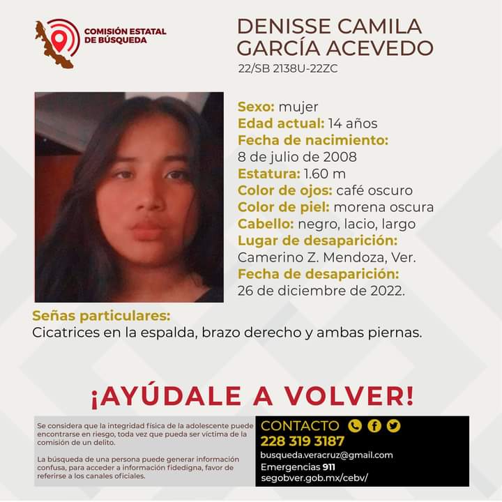 Reportan a menor de 14 años desaparecida en Camerino Z. Mendoza