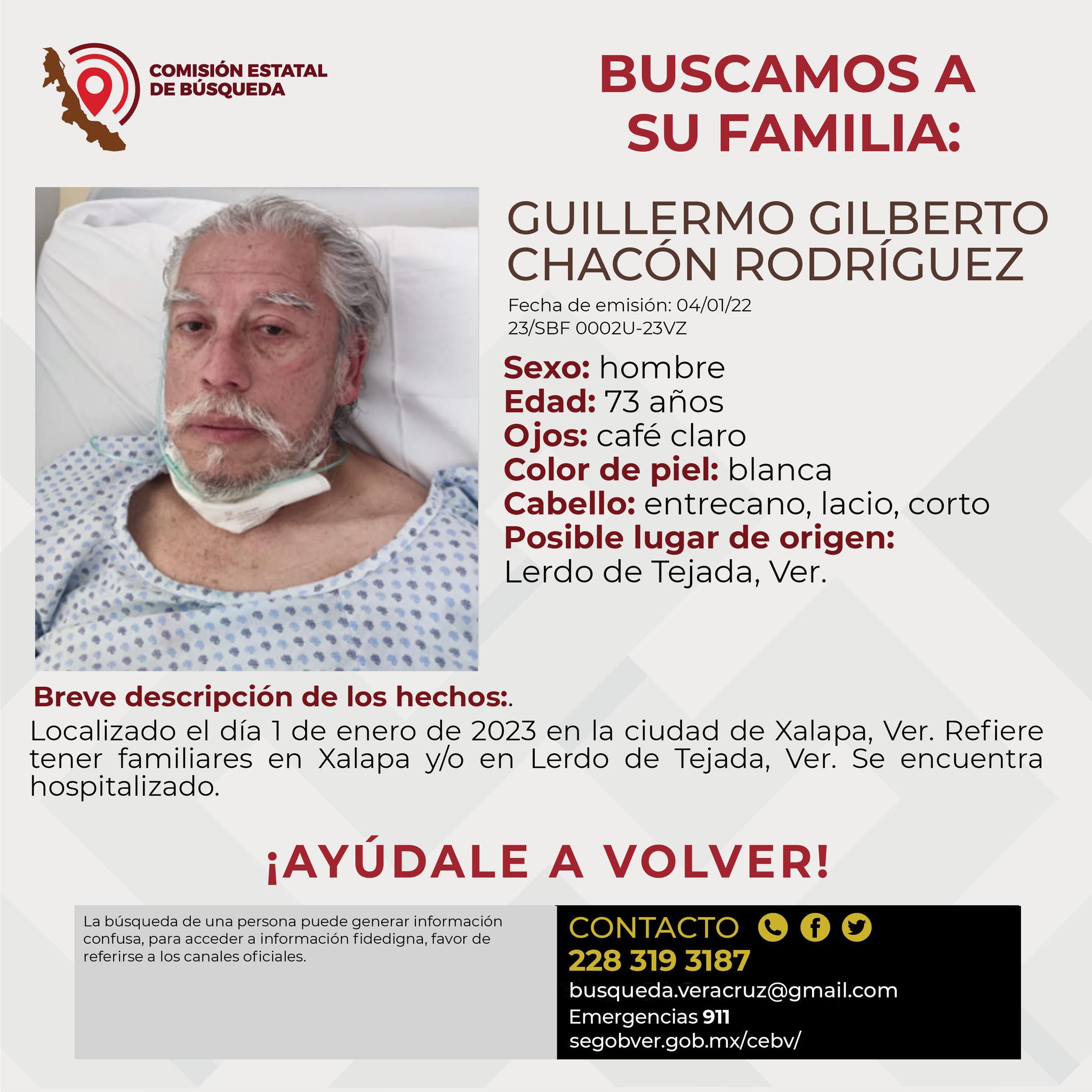 Buscan a familiares de adulto mayor de Lerdo de Tejada