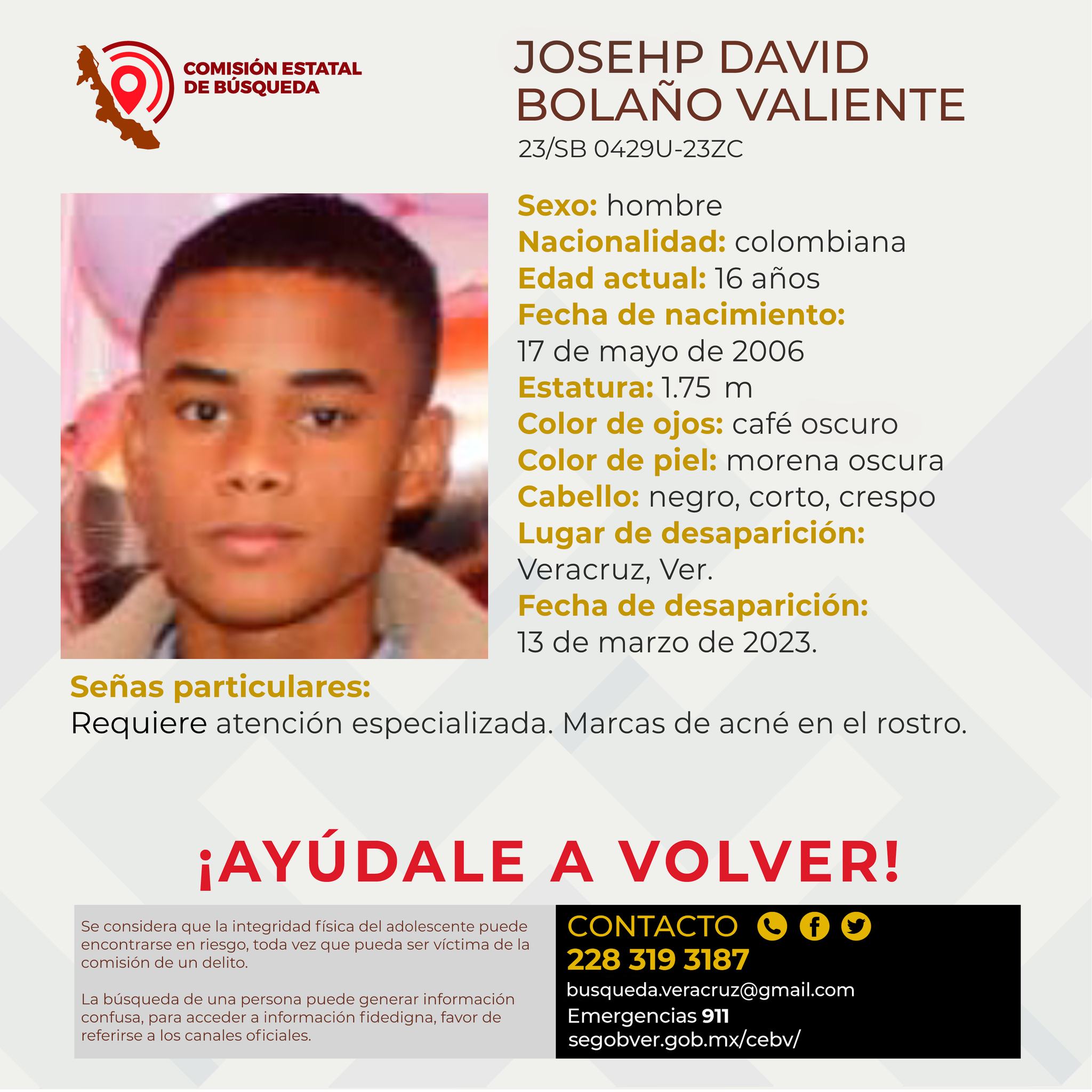 Desaparece en Veracruz puerto menor de edad originario de Colombia