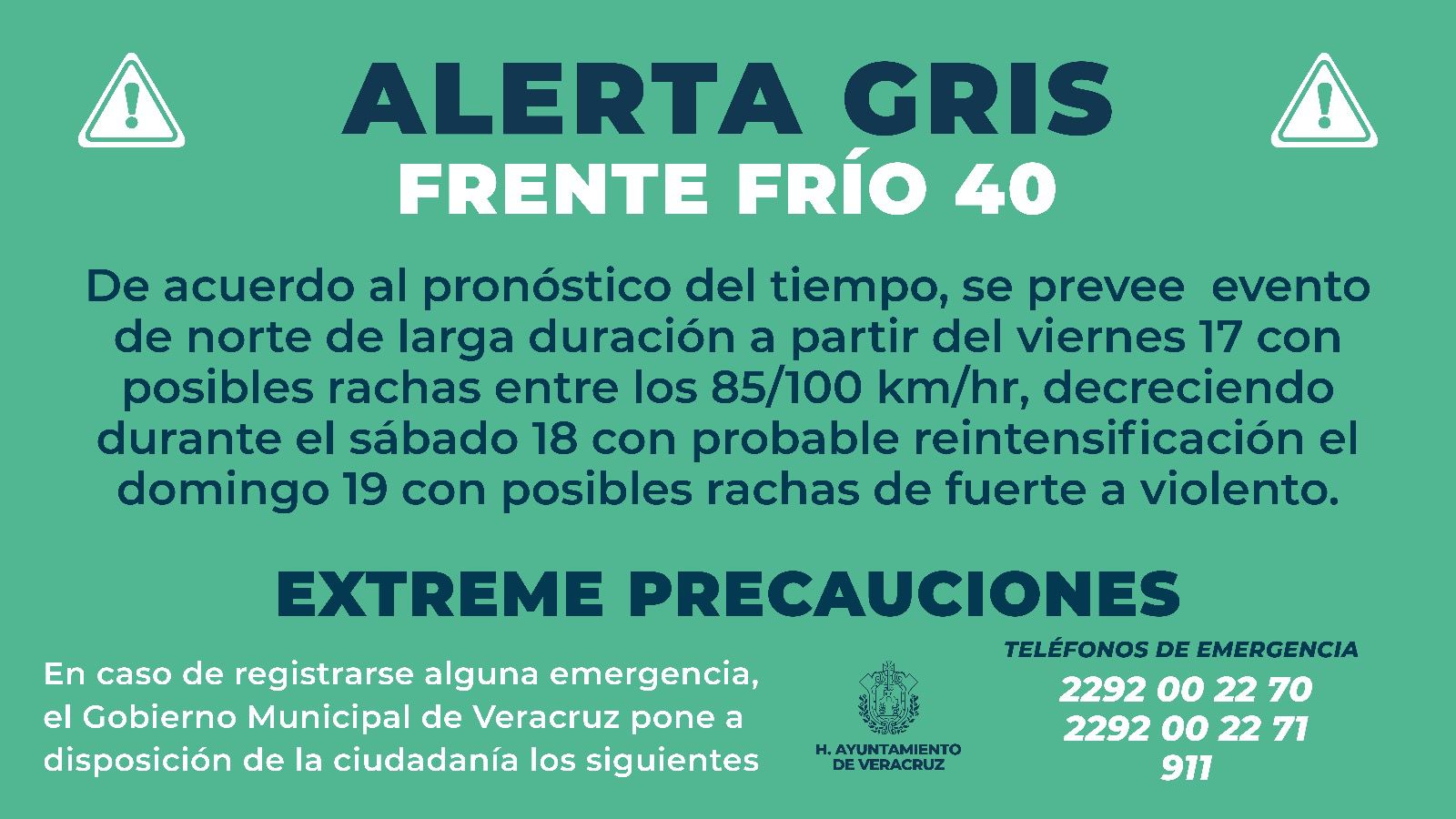 Alerta Gris por la entrada del Frente Frío No. 40 en el Puerto de Veracruz