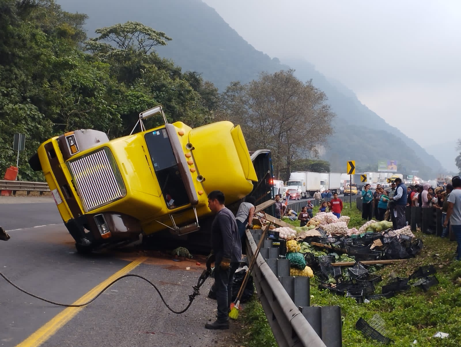 Vuelca torton cargado con frutas y verduras en Huiloapan