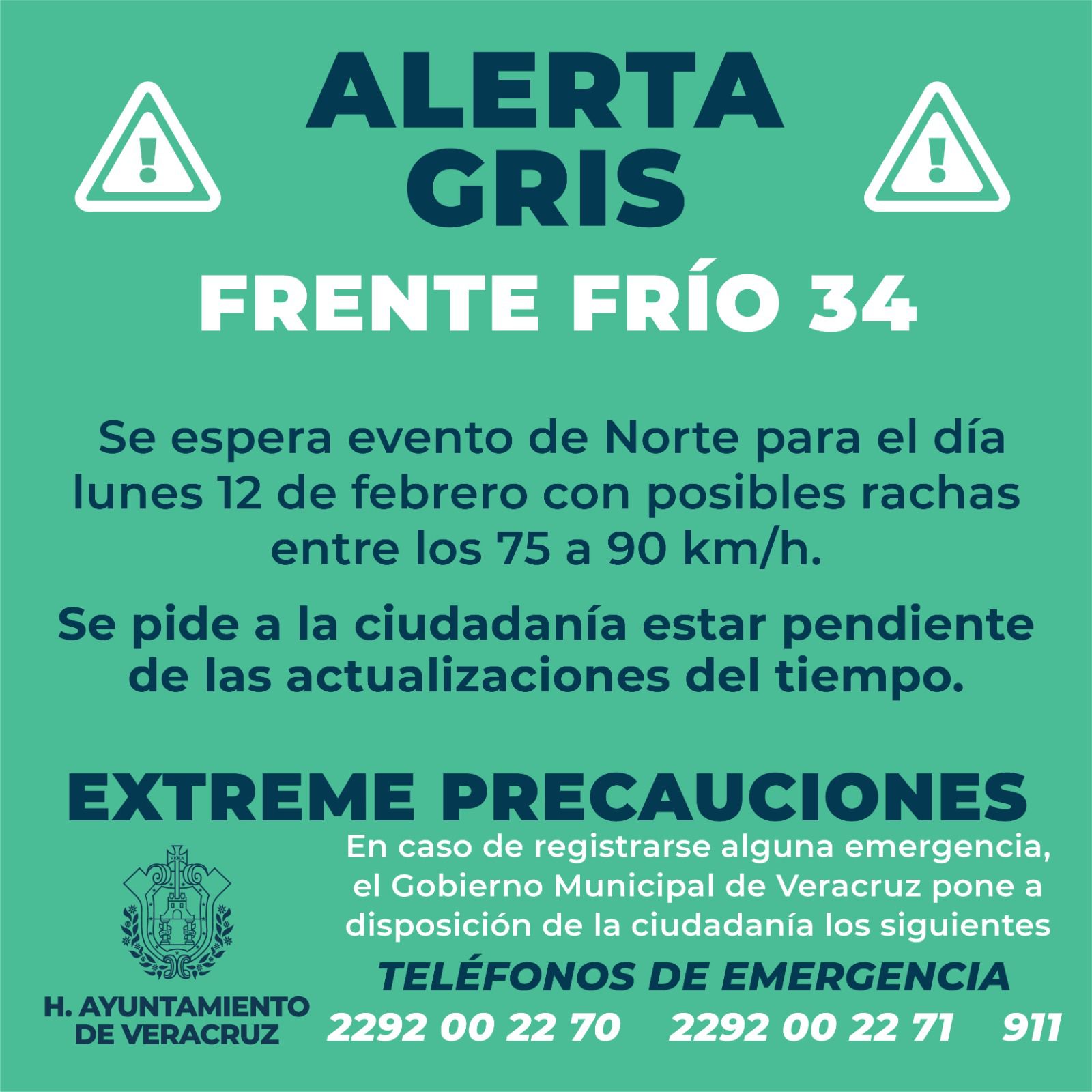 Alerta Gris por la entrada del Frente Frío número 34 en el Puerto de Veracruz