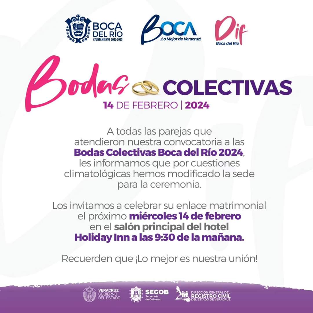 Cambian de sede la ceremonia de las Bodas Colectivas en Boca del Río por cuestiones climatológicas