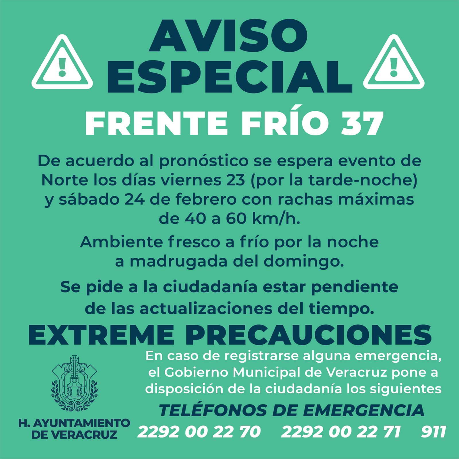 Aviso Especial por la entrada del Frente Frío número 37 en el Puerto de Veracruz