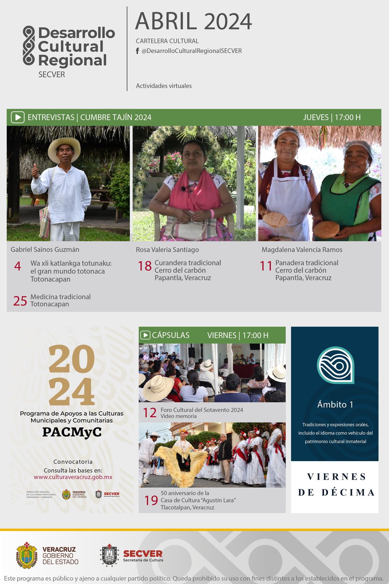 Presenta SECVER entrevistas, testimonios y décimas en su cartelera virtual del mes de abril