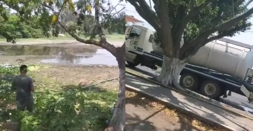 Un hombre compró dos pipas de agua para vertirlas en la Laguna de Lagartos, situada al norte de la ciudad de Veracruz,.