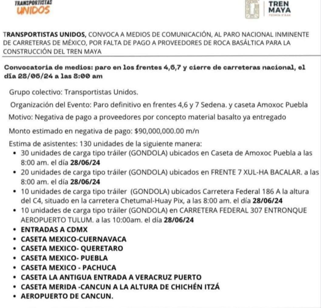 Transportistas convocan a paro nacional por falta de pago a proveedores de roca basáltica para el Tren Maya