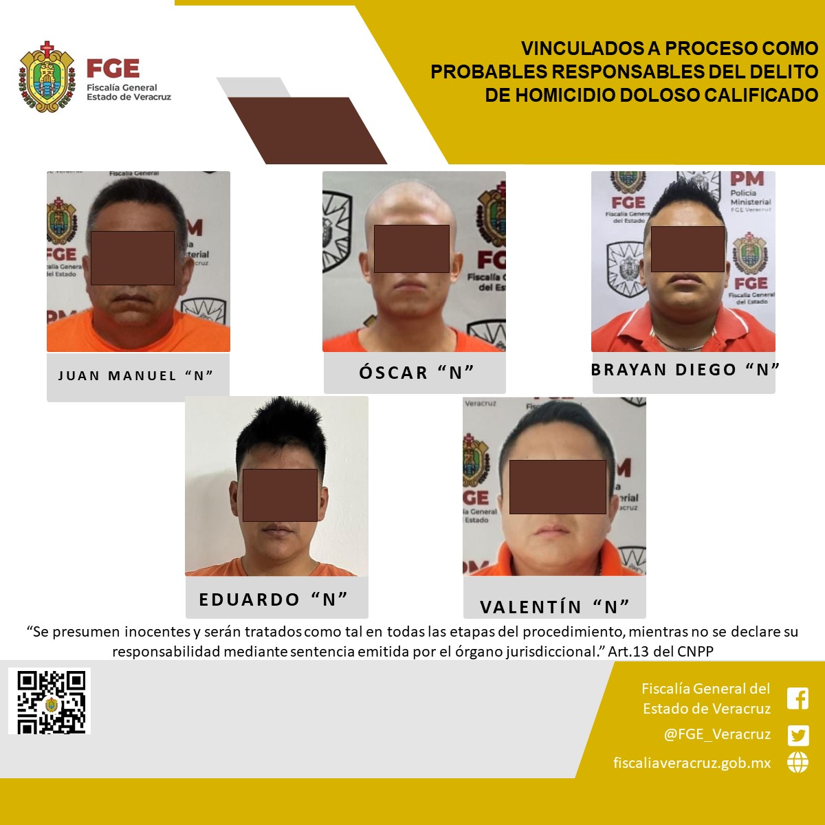 Cinco vinculados a proceso como probables responsables del delito de homicidio doloso calificado