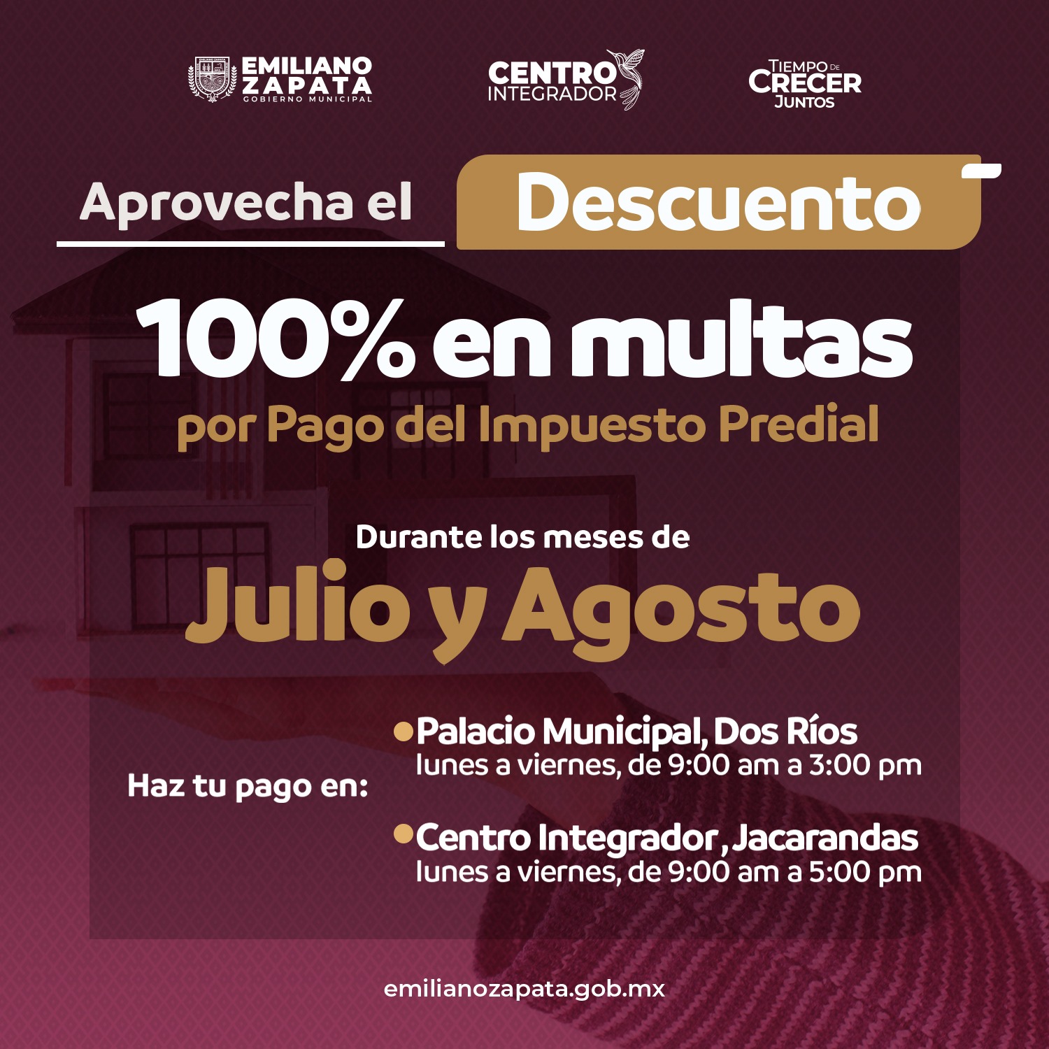 Continúan en agosto descuentos por multas en predial en Emiliano Zapata