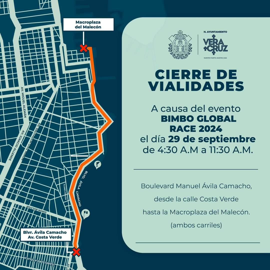 Habrá cierre vial en Veracruz puerto este domingo por la carrera “Bimbo Global Race 2024”
