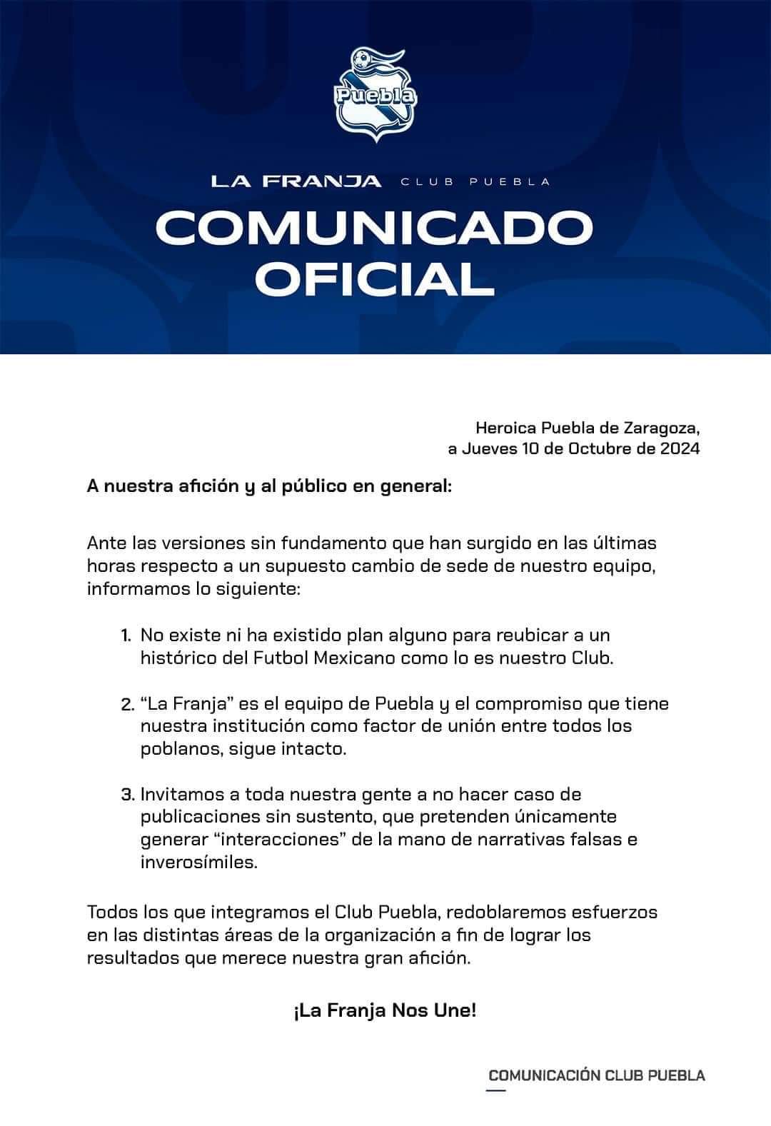 Club Puebla desmiente versión del cambio de sede a Veracruz en la Liga MX