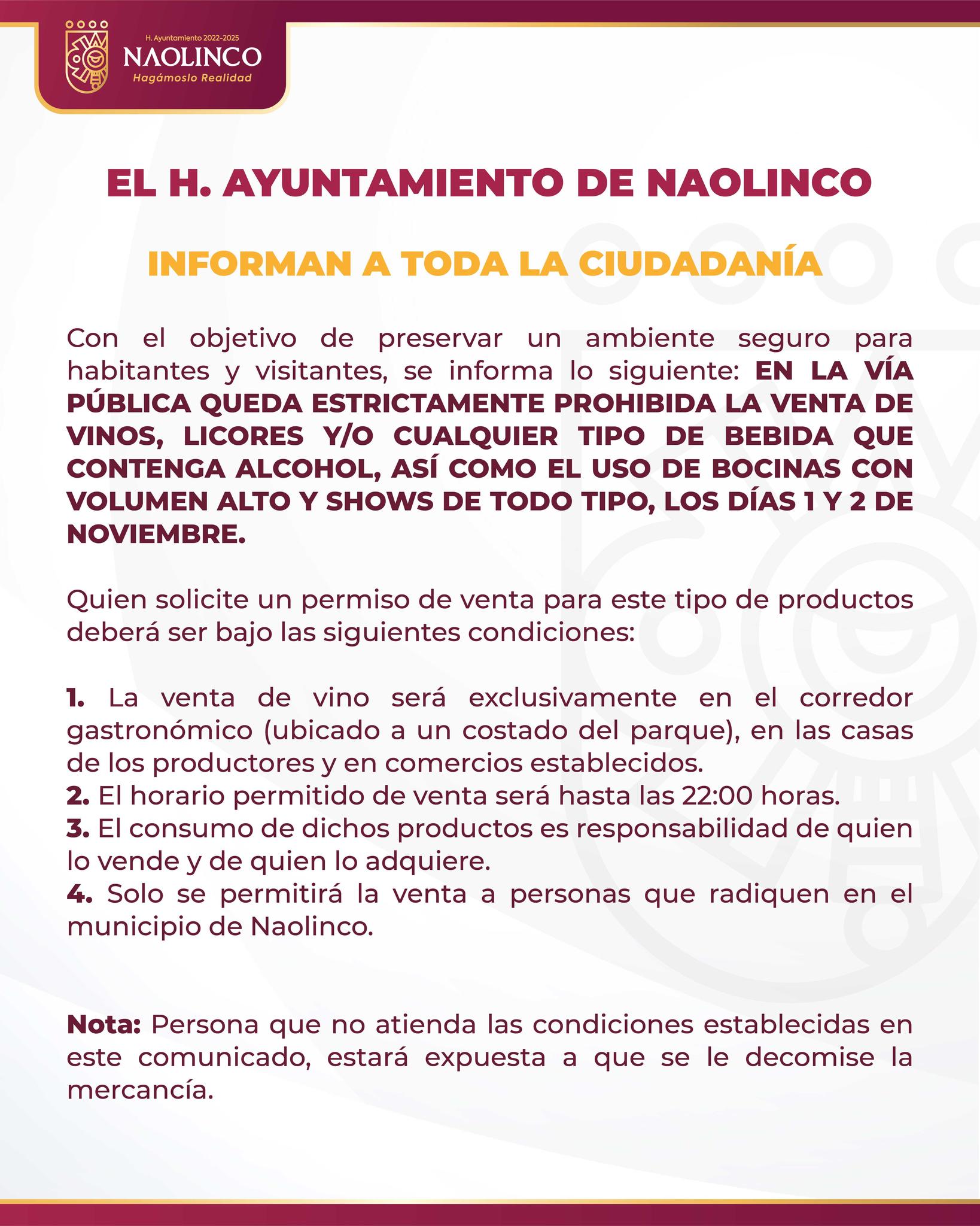 Ayuntamiento de Naolinco prohíbe venta de alcohol durante celebración de Día de Muertos