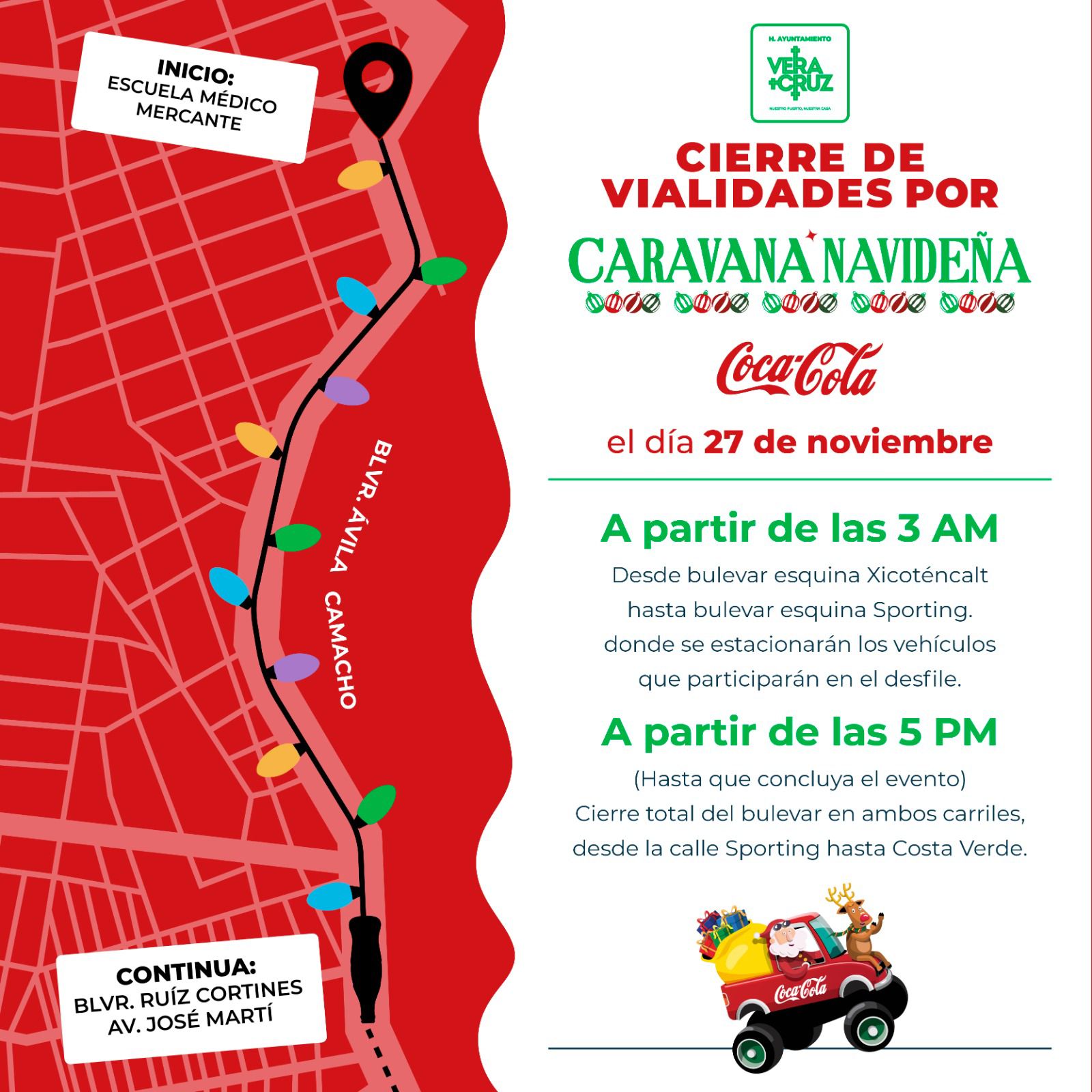 Habrá cierres viales en el bulevar por la Caravana Navideña Coca Cola 2025 en Veracruz puerto