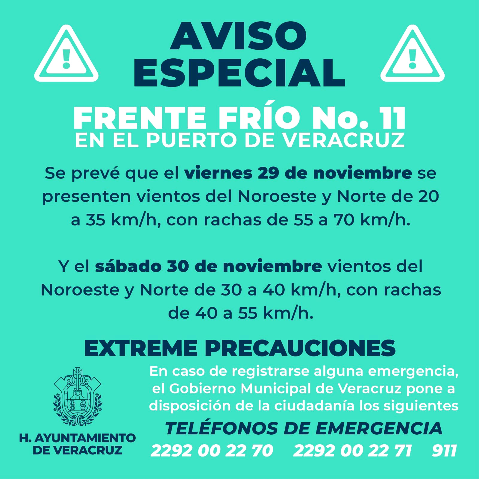Aviso Especial por el Frente Frío número 11 en el Puerto de Veracruz