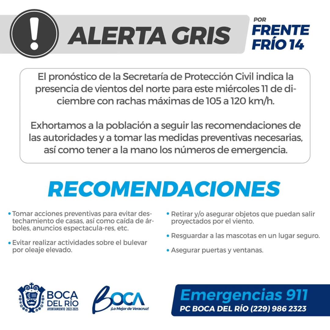 Gobierno Municipal de Boca del Río en alerta por evento fuerte de vientos del norte