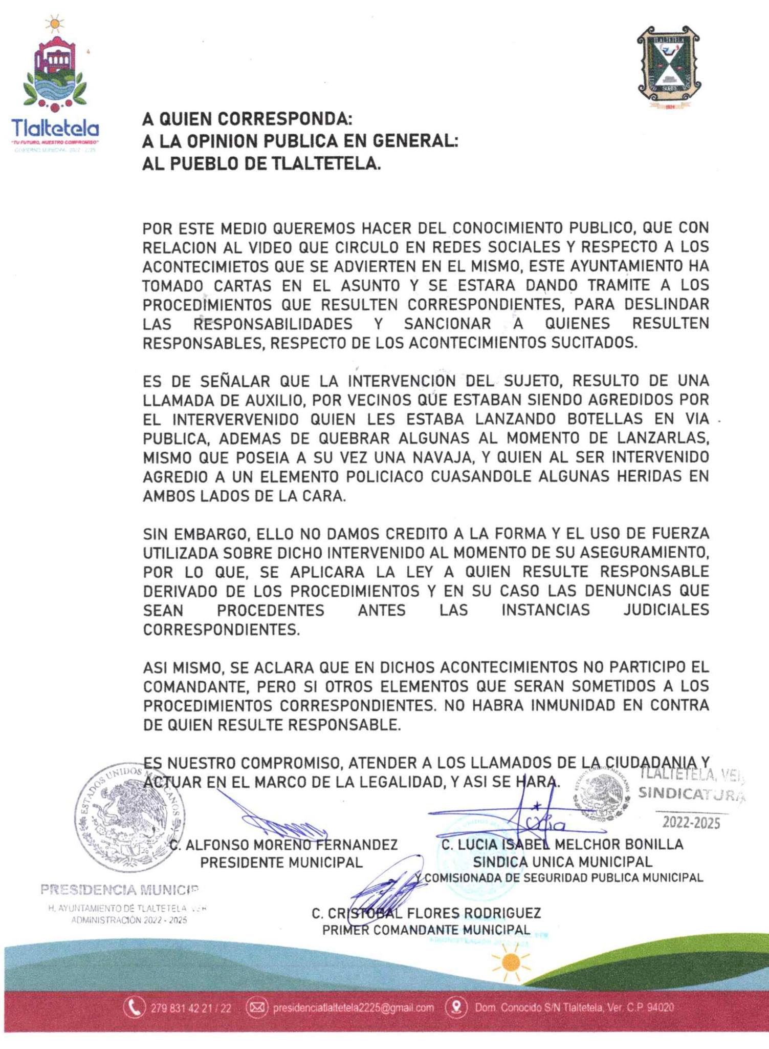 Tlatetela inicia investigación sobre denuncia de uso excesivo de fuerza por parte de policías municipales