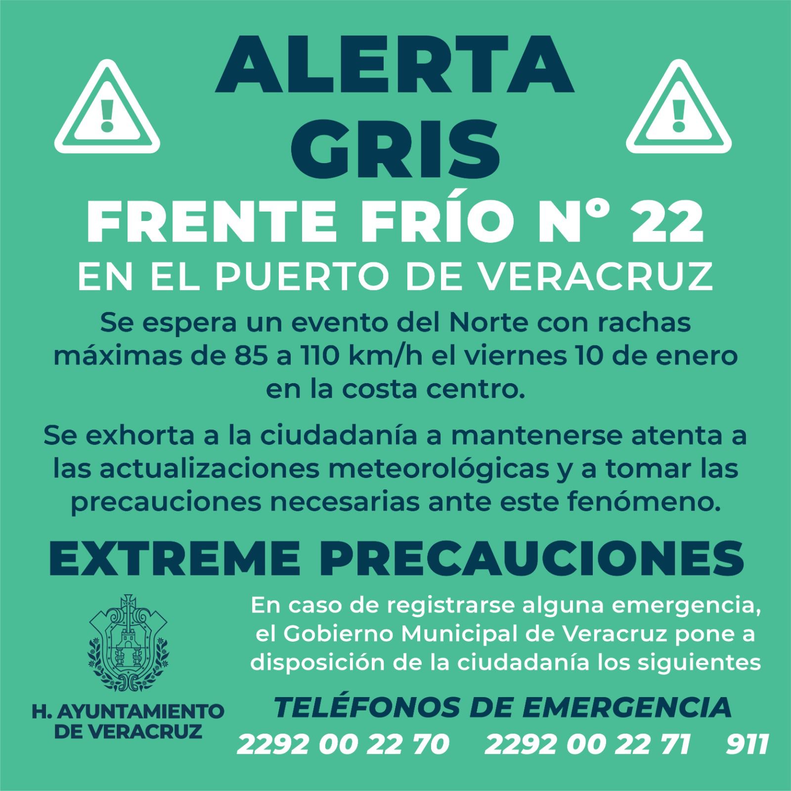 Alerta Gris por el Frente Frío número 22 en el Puerto de Veracruz