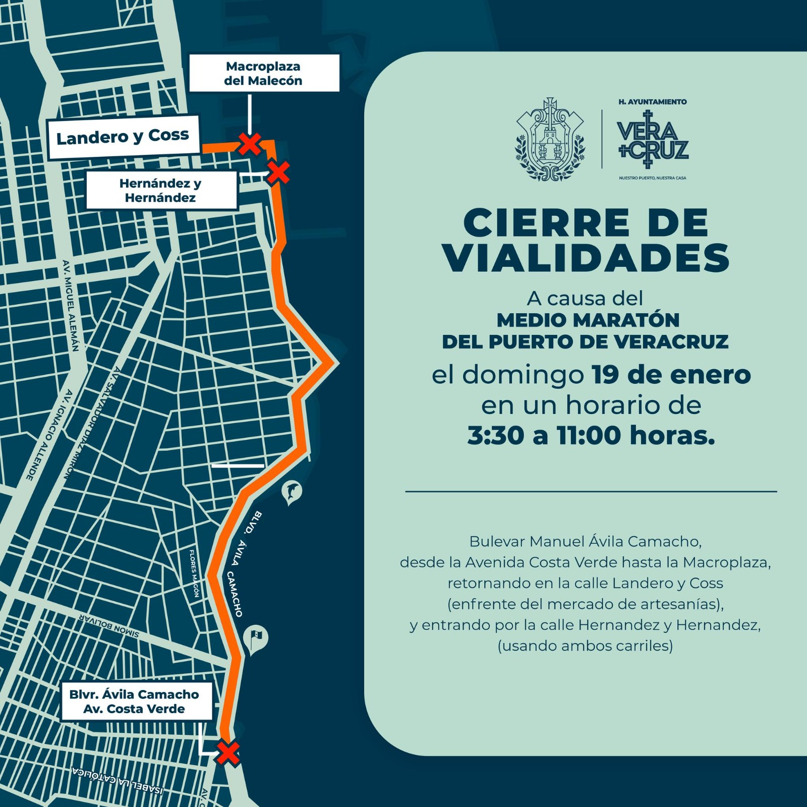 Estas son las calles que estarán cerradas por Medio Maratón de Veracruz