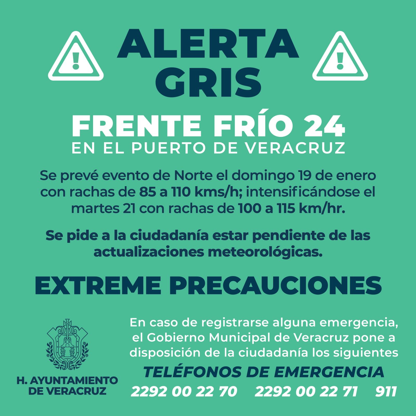 Alerta Gris por el Frente Frío No. 24 en el Puerto de Veracruz