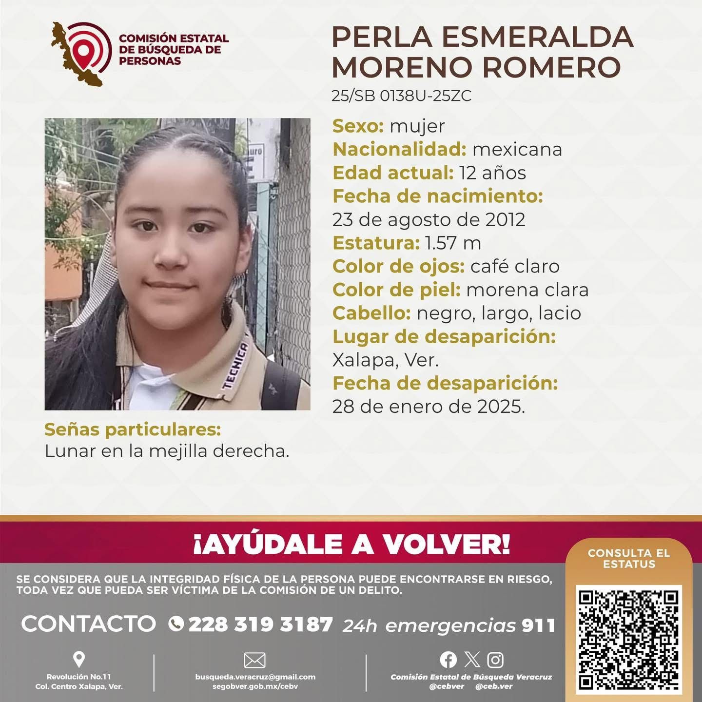 Perla Esmeralda, reportada como desaparecida en Xalapa tras ir a la secundaria