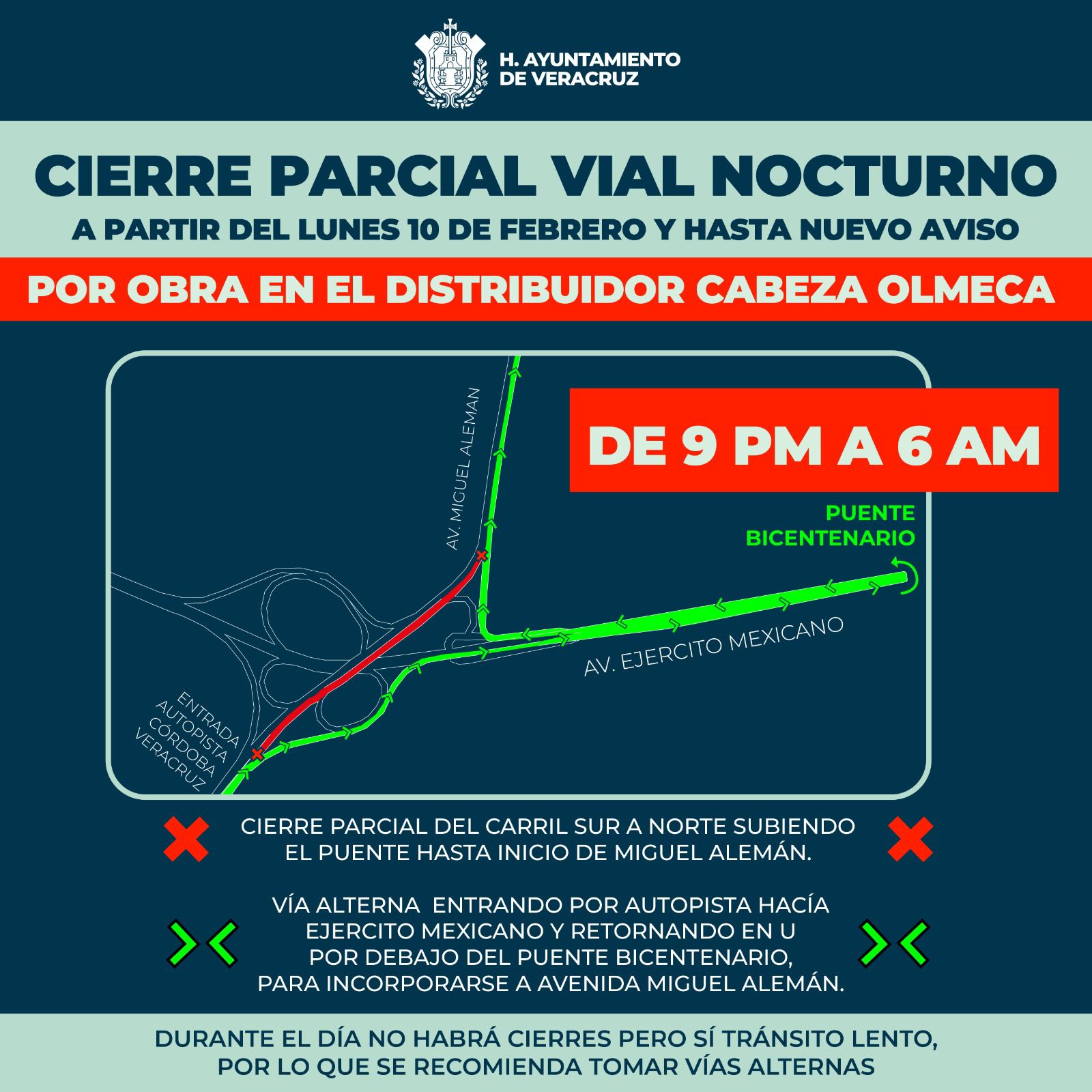 Cierre parcial diurno en la avenida Miguel Alemán de Veracruz puerto por obras en colector pluvial