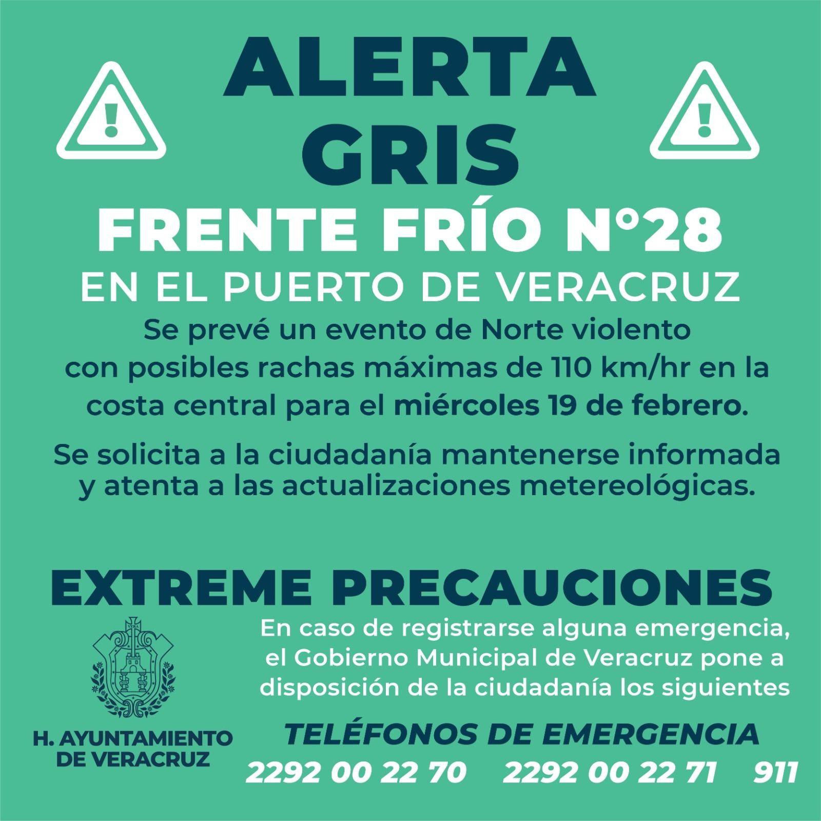Alerta Gris por el Frente Frío número 28 en el Puerto de Veracruz