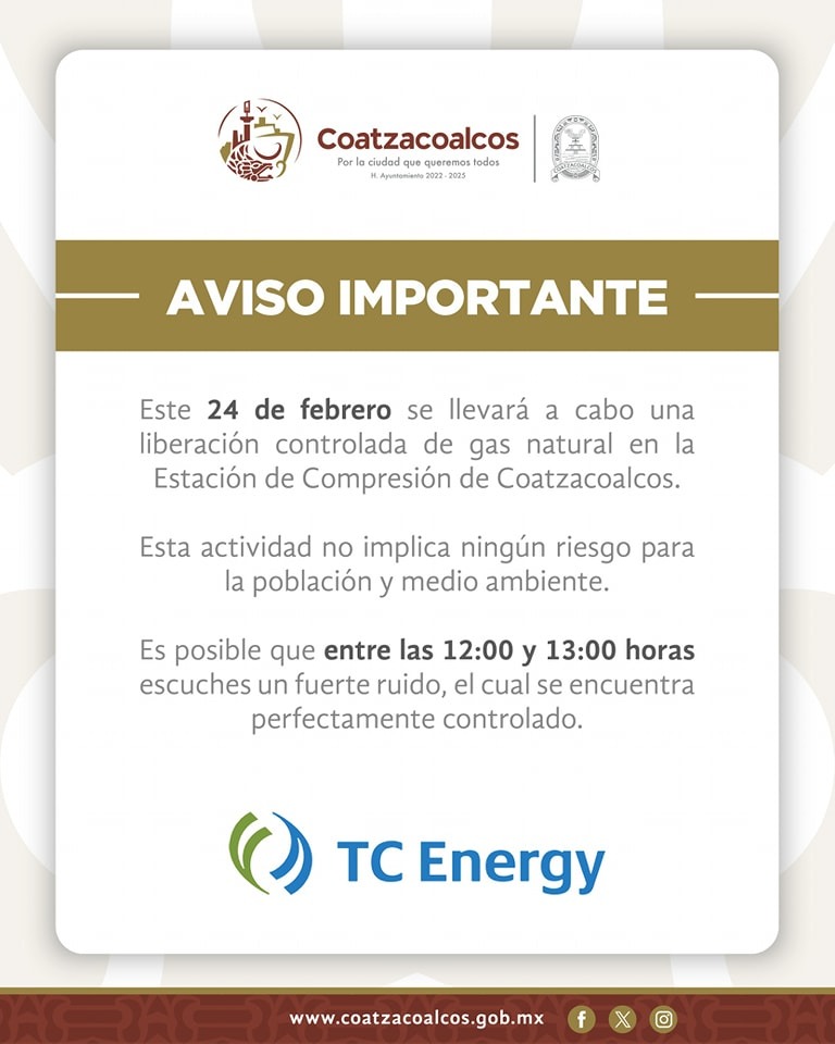 Liberación controlada de gas natural en la estación de compresión de Coatzacoalcos