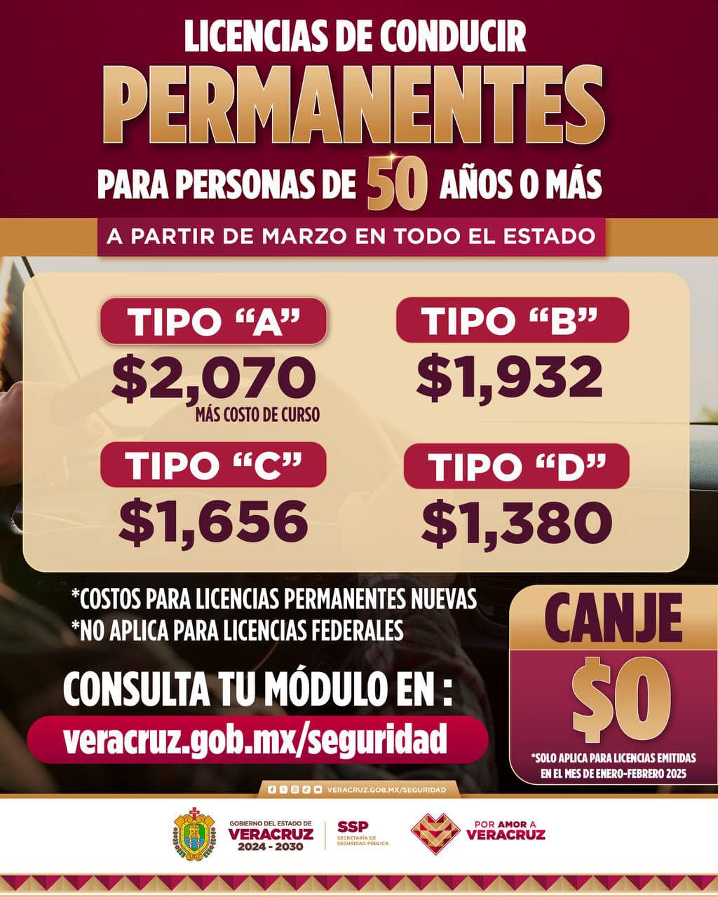 Licencias permanentes para mayores de 50 años en Veracruz a partir del 1 de marzo