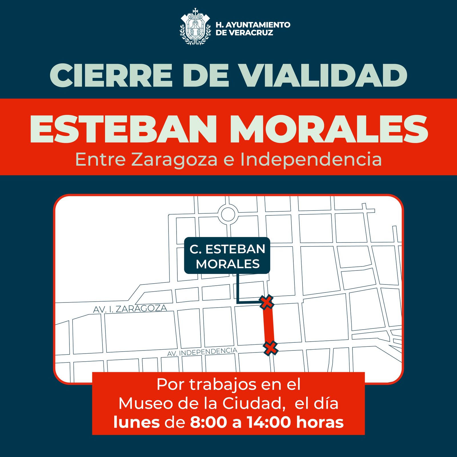 Anuncian cierre vial por obra en el Museo de la Ciudad de Veracruz